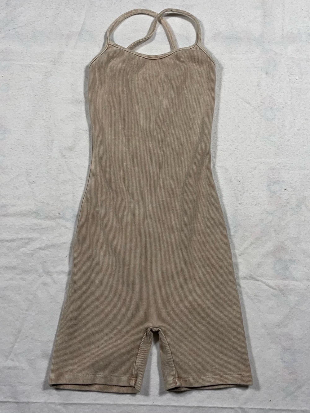 LA Lux M Cotton Blend Tan Ribbed Romper Criss Cross Straps
